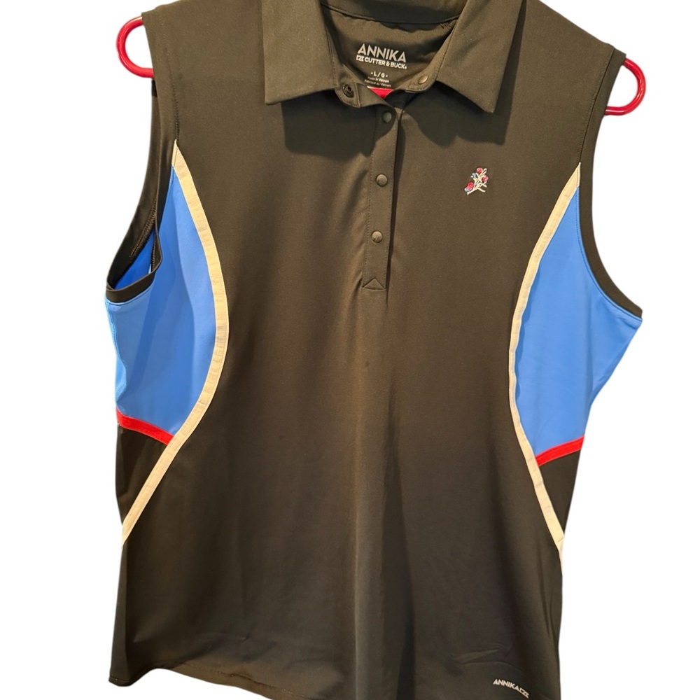 O41 Annika Cutter & Buck Black Golf Polo with Blue and Red Accents